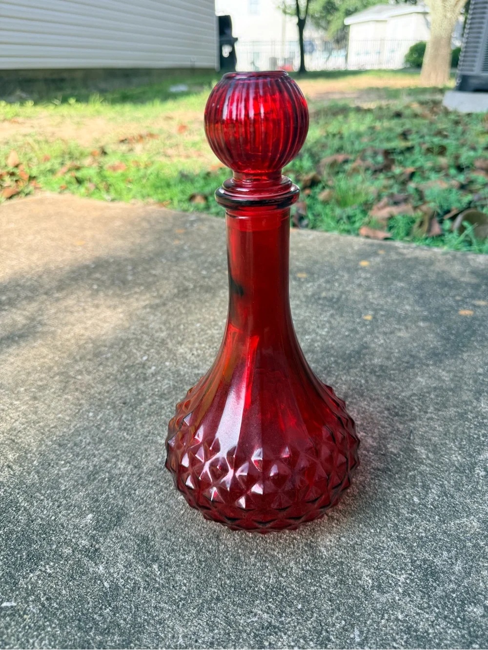 Vintage Red diamond cut Glass Decanter Bottle with Stopper